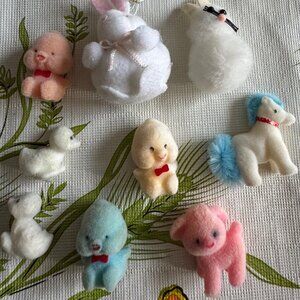 Vintage  Miniature Flocked Plush Animals Rabbits Chicks Sheep